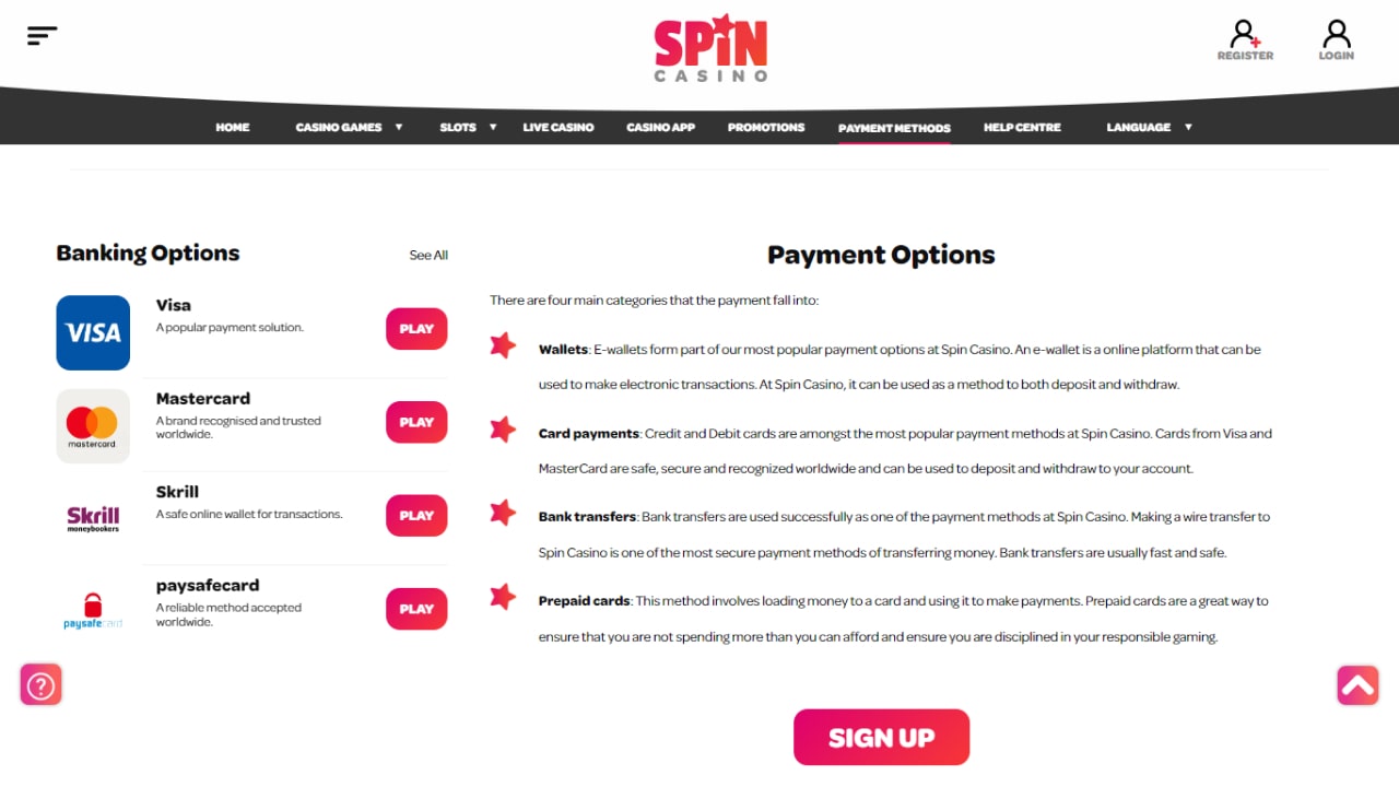 Spin casino payment methods